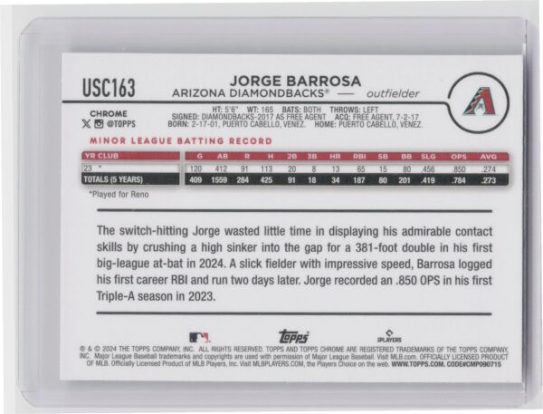 2024 Topps Chrome Update Jorge Barrosa X Fractors RC #USC163 Diamondbacks - Image 3