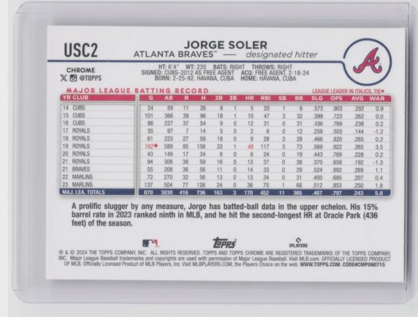 2024 Topps Chrome Update Jorge Soler X Fractors #USC2 Braves - Image 3