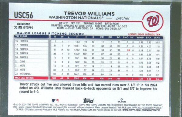 2024 Topps Chrome Update Trevor Williams Aqua Refractors /199 #USC56 Nationals - Image 3
