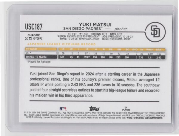 2024 Topps Chrome Update Yuki Matsui X Fractors RC #USC187 Padres - Image 3