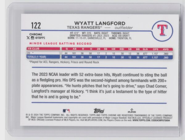 2024 Topps Chrome Wyatt Langford RC #122 Rangers - Image 3