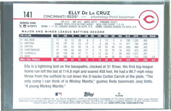 2024 Topps Elly de la Cruz RC #141 Reds - Image 3