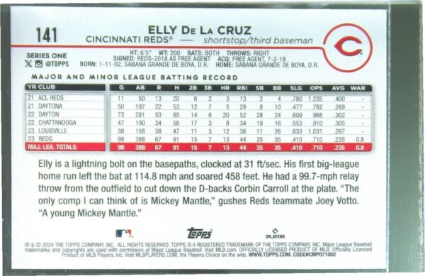 2024 Topps Elly de la Cruz RC #141 Reds - Image 3