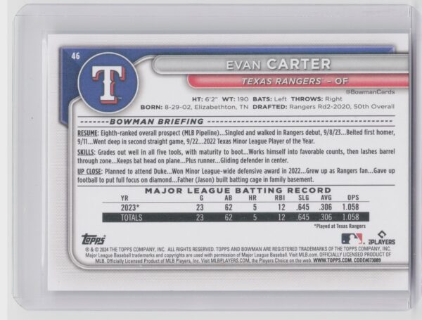 2024 Topps Evan Carter Rookie #46 Rangers - Image 3