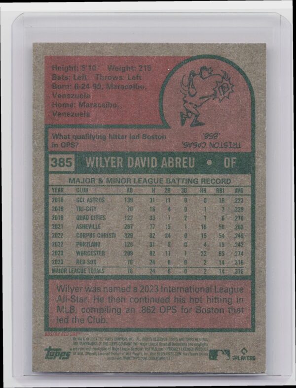 2024 Topps Heritage Mini Wilyer Abreu RC #385 Sox - Image 3