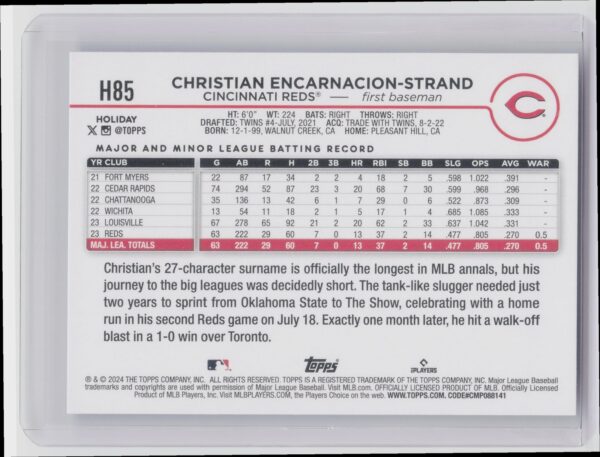 2024 Topps Holiday Christian Encarnacion-Strand RC #H85 Reds - Image 3