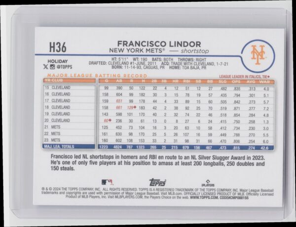 2024 Topps Holiday Francisco Lindor SP VAR #H36 Mets - Image 3