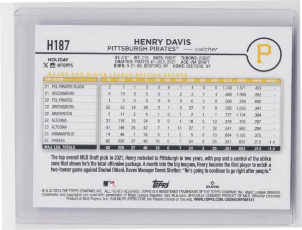 2024 Topps Holiday Henry Davis SP VAR #H187 Pirates - Image 3