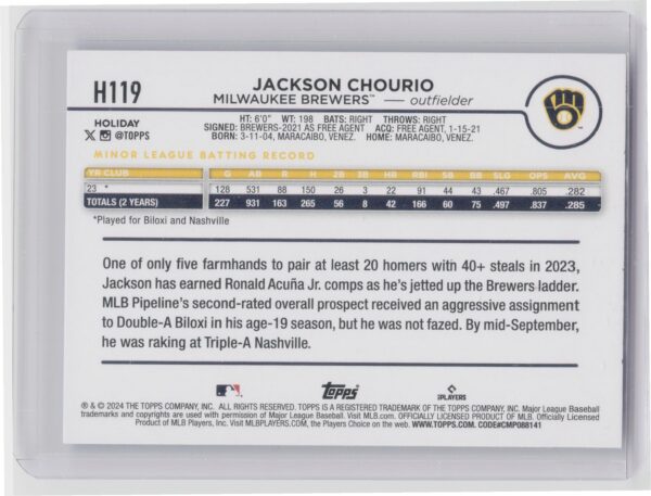 2024 Topps Holiday Jackson Chourio RC #H119 Brewers - Image 3