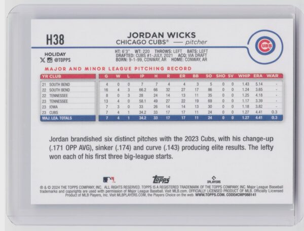 2024 Topps Holiday Jordan Wicks Rookie H38 Cubs - Image 3
