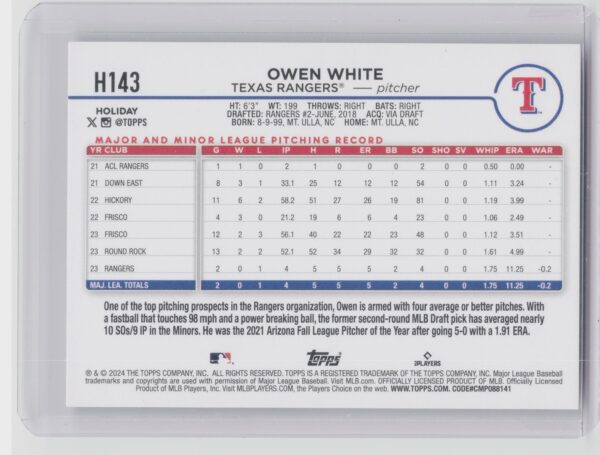 2024 Topps Holiday Owen White Holiday Tree #H143 Rangers - Image 3