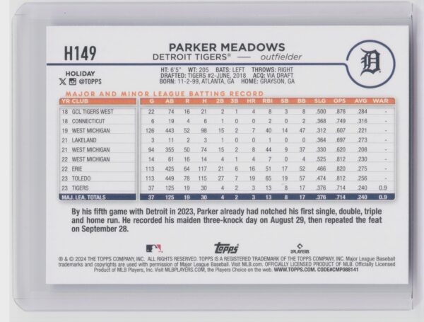 2024 Topps Holiday Parker Meadows RC #H149 Tigers - Image 3