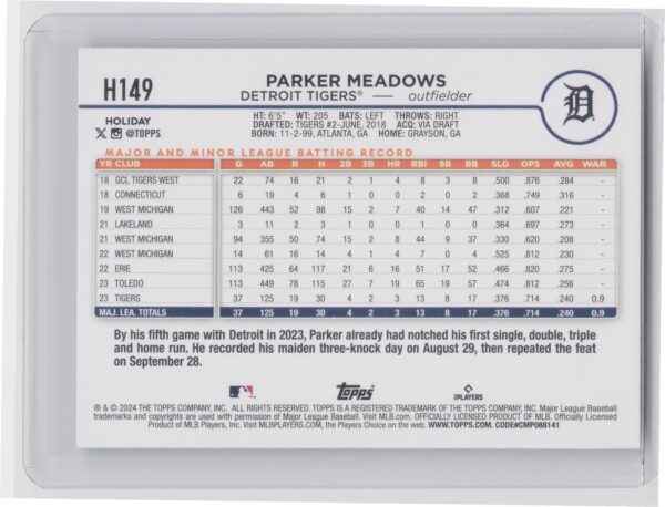 2024 Topps Holiday Parker Meadows RC #H149 Tigers - Image 3