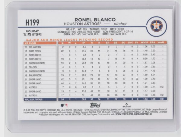 2024 Topps Holiday Ronel Blanco Rookie H199 Astros - Image 3