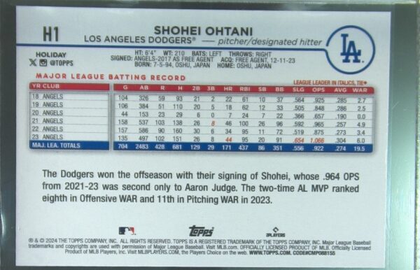 2024 Topps Holiday Shohei Ohtani SP VAR Santa Hat #H1 Dodgers - Image 3