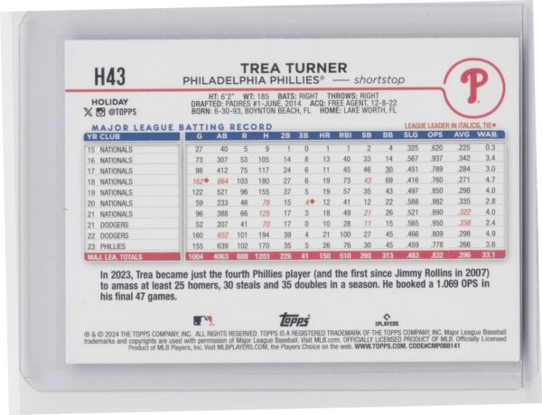 2024 Topps Holiday Trea Turner #H43 Phillies - Image 3