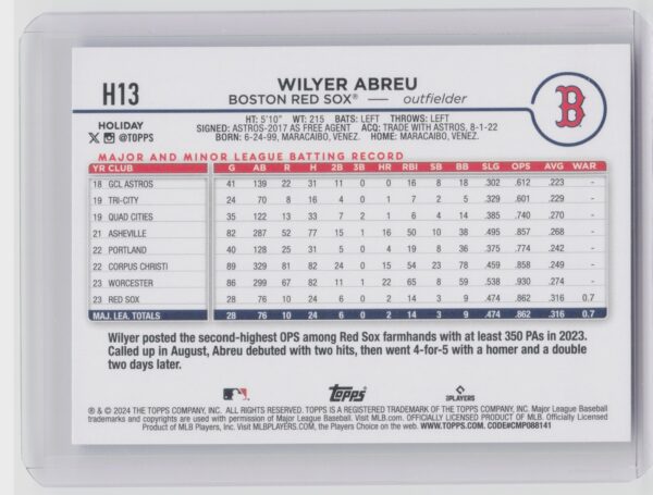 2024 Topps Holiday Wilyer Abreu RC #H13 Sox - Image 3
