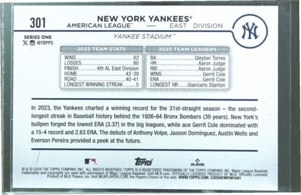 2024 Topps New York Yankees Holiday #301 Yankees - Image 3