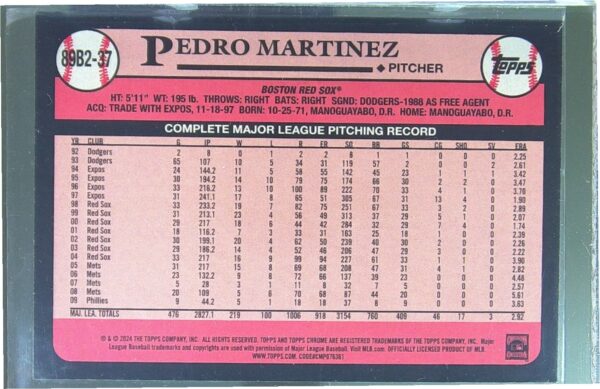 2024 Topps Pedro Martinez #89B2-37 Sox 1989 35th Anniversary Foil - Image 3