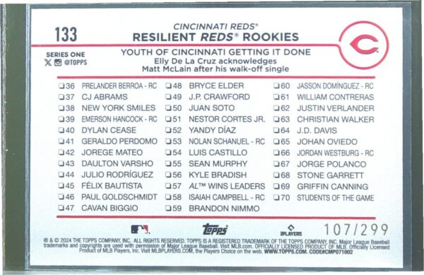 2024 Topps Resilient Reds Rookies: Youth of Cincinnati Orange Crackle Foil /299 - Image 3