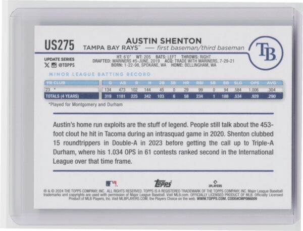 2024 Topps Update Austin Shenton RC #US275 Rays - Image 3