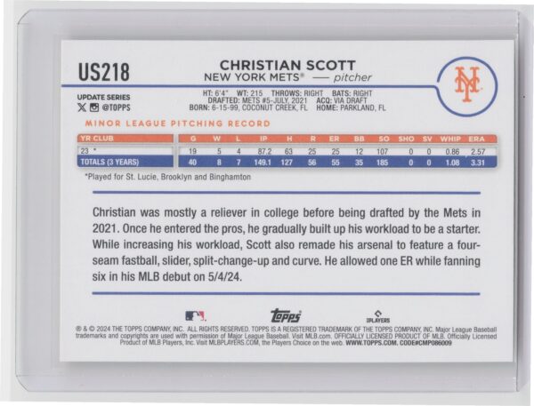2024 Topps Update Christian Scott Yellow US218 - Image 3