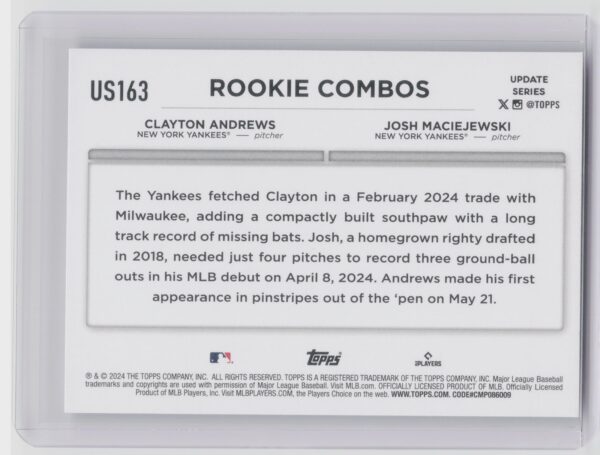 2024 Topps Update Clayton Andrews  / Josh Maciejewski RC #US163 Yankees - Image 3