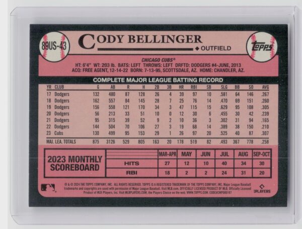 2024 Topps Update Cody Bellinger #89US-43 Cubs 1989 Topps Baseball 35th Annivers - Image 3