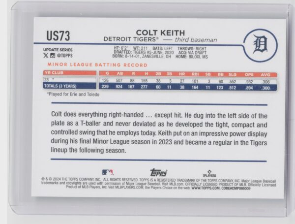2024 Topps Update Colt Keith RC US73 Tigers - Image 3