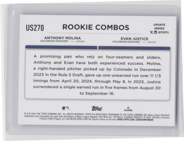 2024 Topps Update Evan Justice  / Anthony Molina RC #US270 Rockies - Image 3