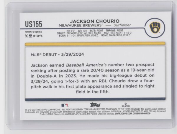 2024 Topps Update Jackson Chourio #US155 Brewers - Image 3