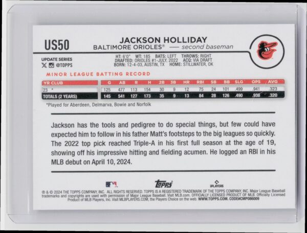 2024 Topps Update Jackson Holliday RC #US50 Orioles - Image 3