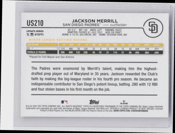 2024 Topps Update Jackson Merrill RC #US210 Padres - Image 3