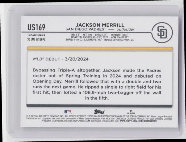 2024 Topps Update Jackson Merrill #US169 Padres - Image 3