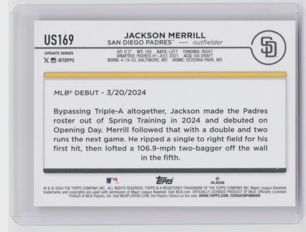 2024 Topps Update Jackson Merrill #US169 Padres - Image 3