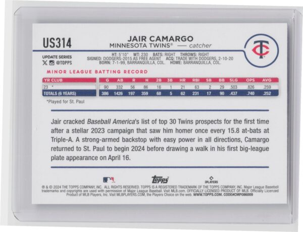 2024 Topps Update Jair Camargo RC #US314 Twins - Image 3
