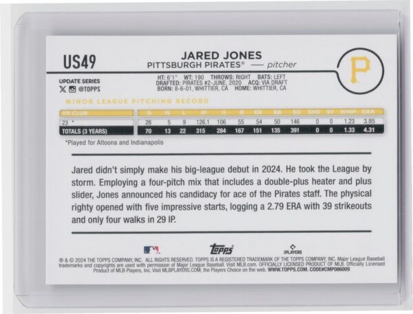 2024 Topps Update Jared Jones RC #US49 Pirates - Image 3