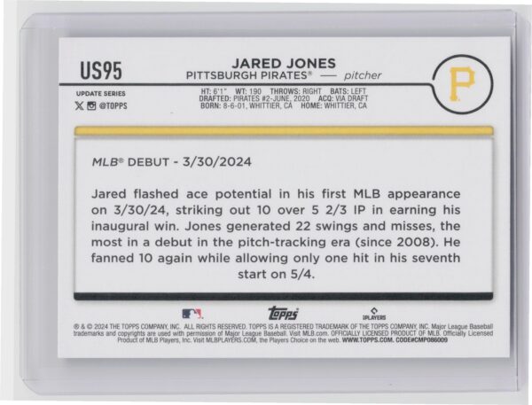2024 Topps Update Jared Jones RC #US95 Pirates - Image 3