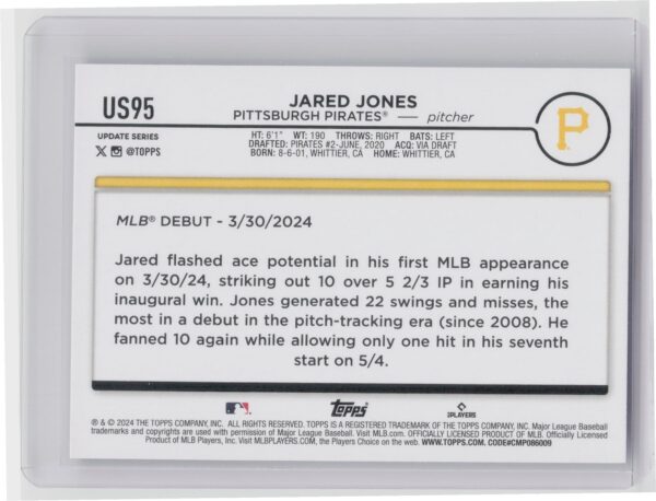 2024 Topps Update Jared Jones #US95 Pirates - Image 3