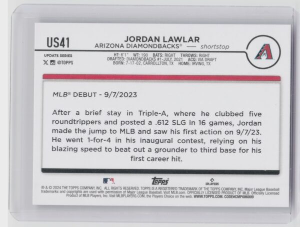 2024 Topps Update Jordan Lawlar RC #US41 Diamondbacks - Image 3