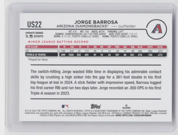2024 Topps Update Jorge Barrosa RC #US22 Diamondbacks - Image 3