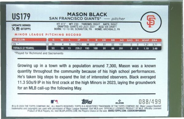 2024 Topps Update Mason Black Green Crackle Foilboard /499 RC #US179 Giants - Image 3