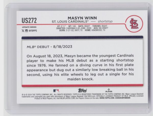 2024 Topps Update Masyn Winn RC #US272 Cardinals - Image 3