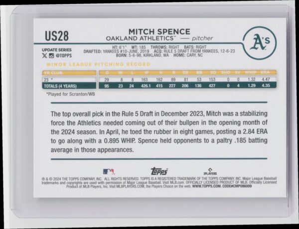2024 Topps Update Mitch Spence RC #US28 Athletics - Image 3