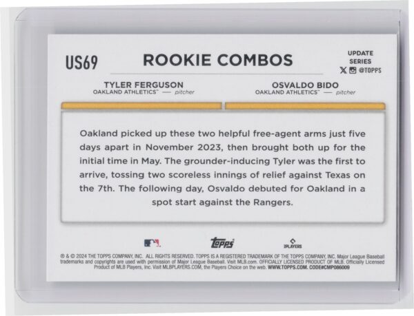 2024 Topps Update Osvaldo Bido  / Tyler Ferguson RC RC #US69 Athletics - Image 3