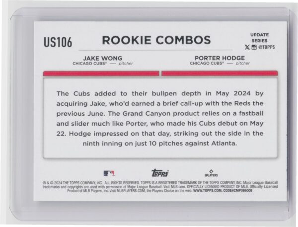 2024 Topps Update Porter Hodge  / Jake Wong RC #US106 Cubs - Image 3