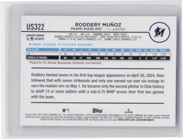 2024 Topps Update Roddery Munoz RC #US322 Marlins - Image 3