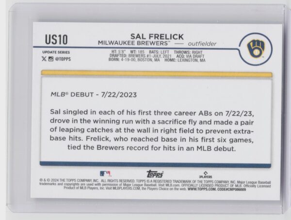 2024 Topps Update Sal Frelick RC #US10 Brewers - Image 3