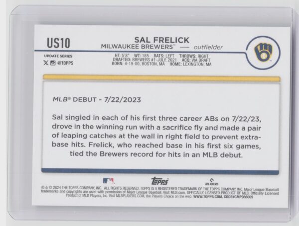2024 Topps Update Sal Frelick RC #US10 Brewers - Image 3