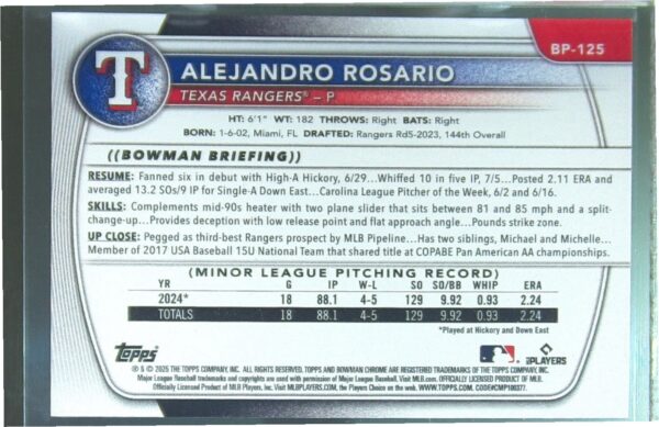 2025 Bowman Alejandro Rosario #BP-125 Rangers Prospects - Image 3